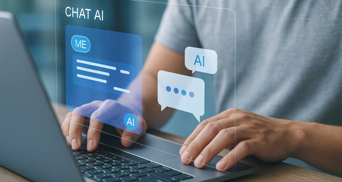 Mensch tippt auf einem Laptop mit virtueller Chat-AI Oberfläche. Helles modernes Setting mit blauem Interface, Symbolbild für ChatGPT Prompting Kurs.