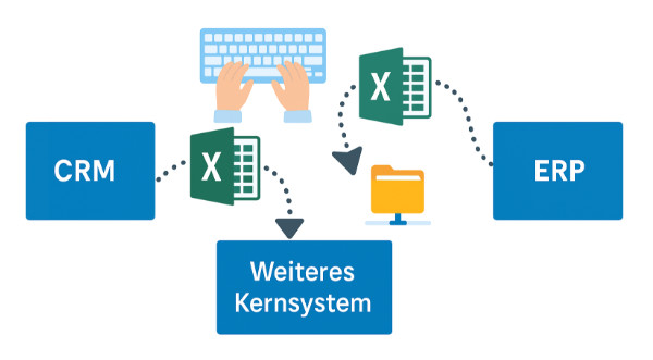 Fragmentierte Prozesse im Unternehmen: manuelle Arbeitsschritte zwischen CRM, Excel und ERP-Systemen erhöhen Aufwand und Fehleranfälligkeit.
